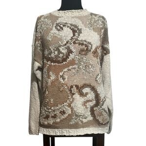 Vintage Casual Corner Cable Knit Cotton Blend Cream Brown Heavy Sweater Women L